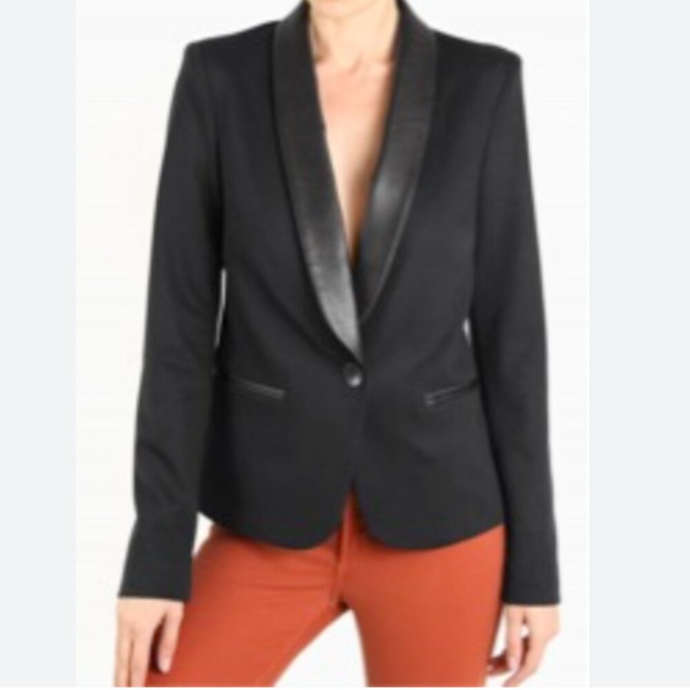 Mango Suit Black Leather Trimmed Blazer Genuine Sheep Leather Women's Size Small